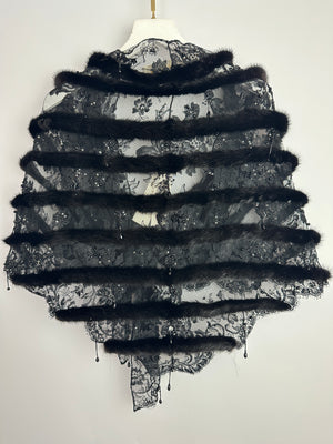 Valentino Black Lace and Mink Sleeveless Beaded Stripe Shawl Size One Size RRP £2,300