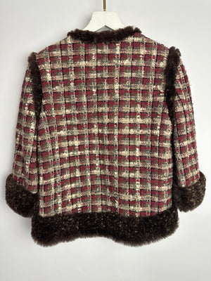 Chanel Red, Beige and Grey Tweed Jacket with Rabbit Fur Trim Detail Size FR 36 (UK 8)