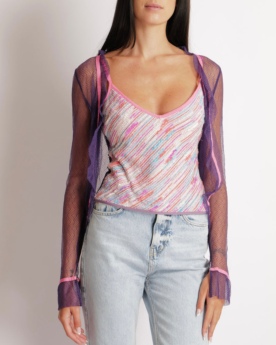 Chanel Vintage 03C Purple Lace Gilet and Multi-Colour Top Set with Pink Trims and See-Through Back Detail Size FR 38 (UK 10)