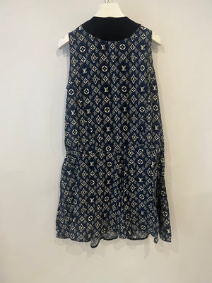 Louis Vuitton Since 1854 Navy Silk Mini Dress with White Monogram and Gold Logo Buttons Size FR 38 (UK 10)
