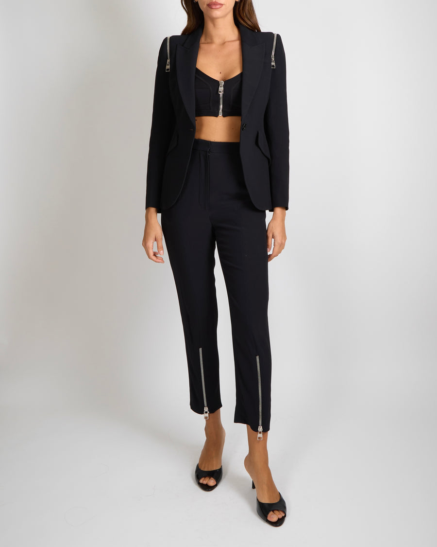 Alexander McQueen Black Blazer with Silver Zipper Shoulder Details Size IT 36 (UK 4)