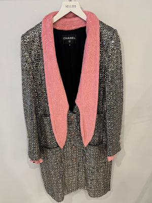 *HOT* Chanel Resort 2024 Silver Mirror Sequins Robe Coat with Detachable Pink Cloth Collar Trim and Sleeve Cuffs with Pink CC Logo Buttons Size FR 38 (UK 10)