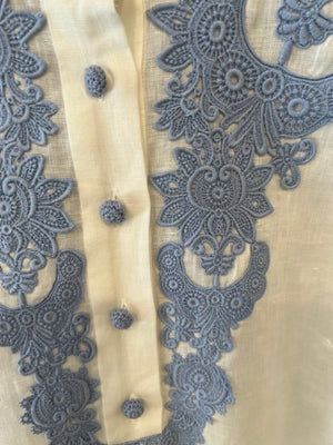 Zimmermann White Linen Raie Top with Light Blue Embroidered Lace Detail Size 2 (UK 12)