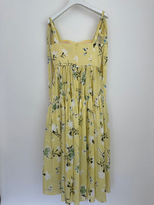 Erdem SS25 Yellow, White & Green Floral Midi Dress with Bustier Top & Tie Up Bow Strap Details Size UK 6 (FR 34)