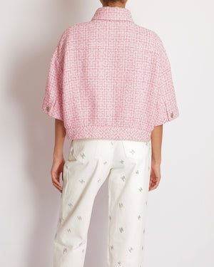 Chanel Pink Tweed Cropped Jacket with Pink Mother of Pearl and Silver CC Logo Buttons and Camellia Brooch Size FR 46 (UK 18)