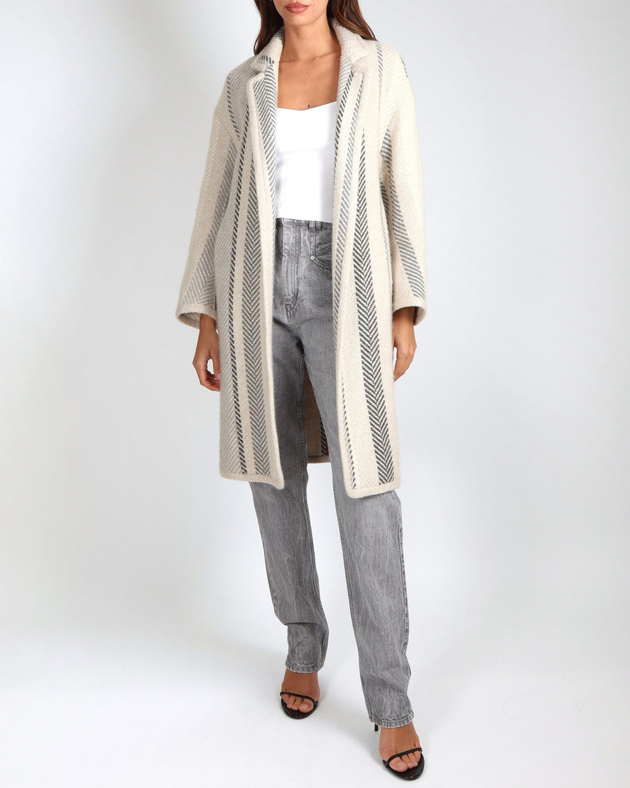 Loro Piana Cream and Grey Cashmere Coat with Leather Belt Detail Size S (UK 8)