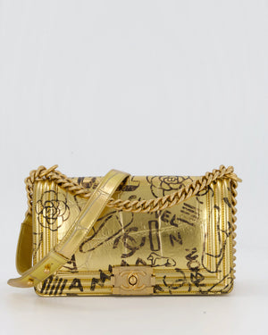 Chanel 19A Metallic Gold & Black Graffiti Print Medium Boy Bag in Croc Embossed Calfskin Leather with Gold Hardware