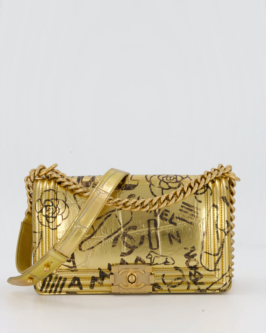 Chanel 19A Metallic Gold & Black Graffiti Print Medium Boy Bag in Croc Embossed Calfskin Leather with Gold Hardware