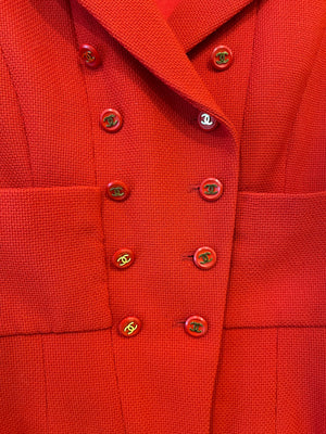 Chanel Vintage Spring 1995 Red Two-Piece Jacket and Pleated Skirt with Gold CC Logo Button FR 40 (UK 12)