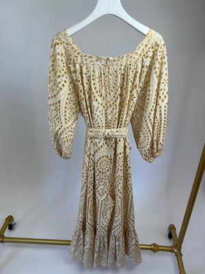 Lisa Marie Fernandez Cream, Gold Embroidery Anglaise Beach Jumpsuit with Belt Size 1 (UK 6)