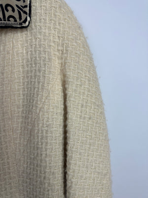 Chanel 00A Cream Long Line Tweed Coat with Black Contrast Trim and Vent Details Size FR 38 (UK 10)