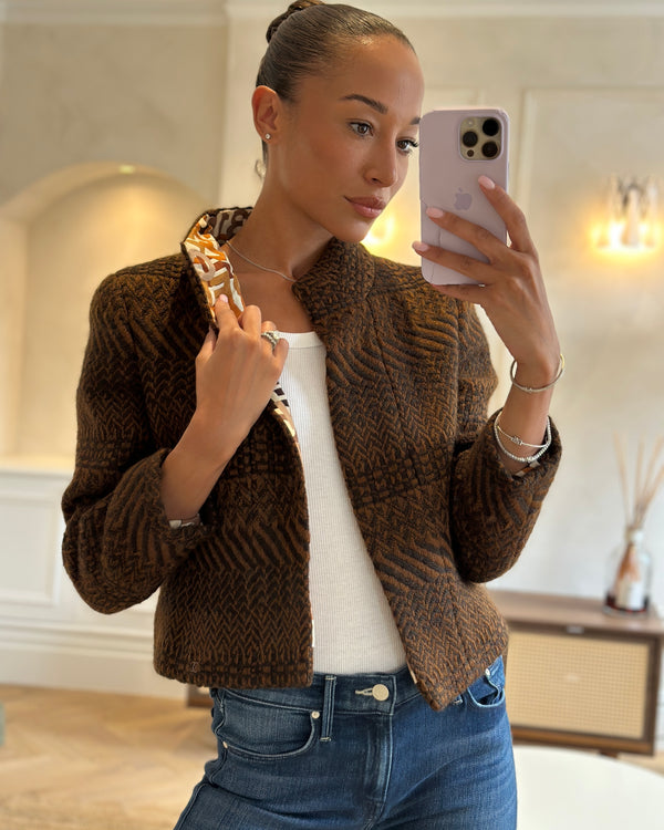 Chanel Brown Wool Jacket with Interior Silk Logo Prints Size FR 34 (UK 6)