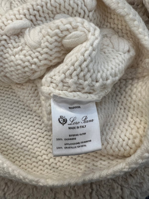 Loro Piana Cream Cashmere Knit Jumper with Knitted Flower and Crystal Details Size IT 42 (UK 10)