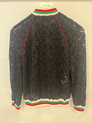 Gucci Black Lace Bomber Jacket with White, Red and Green Knitted Collar and Cuffs and GG Logo Detail Size IT 38 (UK 6)