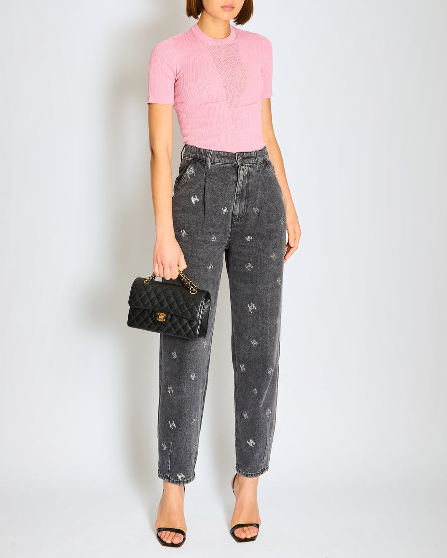 Chanel 21/K Dark Grey Washed Straight Leg High-Waisted Jeans with Silver Metallic CC Logo Details and Silver Button Size FR 40 (UK 12)