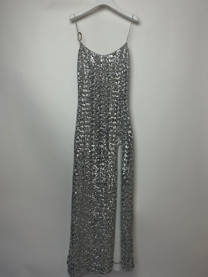 Oséree Silver Sequin Pailettes Maxi Dress with Gold Ring Strap Detail and Side Slit Size L (UK 12)