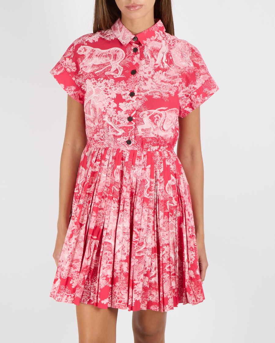 Christian Dior Pink Dioriviera Toile De Jouy Printed Short-Sleeved Mini Dress with Pleated Skirt and Black Buttons Size FR 36 (UK 8) RRP £2,500