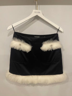 Chanel Black Coco Neige Black Mini Skirt with White Shearling Trim Details and Crystal CC Logo Buttons Size FR 36 (UK 8)