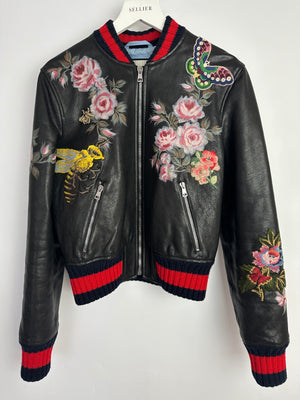 Gucci Black, Red and Navy Lambskin Leather Jacket with Flower Prints & Bees Embroidery Details Size IT 40 (UK 8)