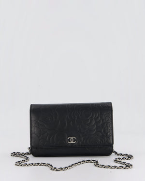Chanel Camellia Black Wallet on Chain Bag in Lambskin Embossed Floral Leather with Silver Hardware