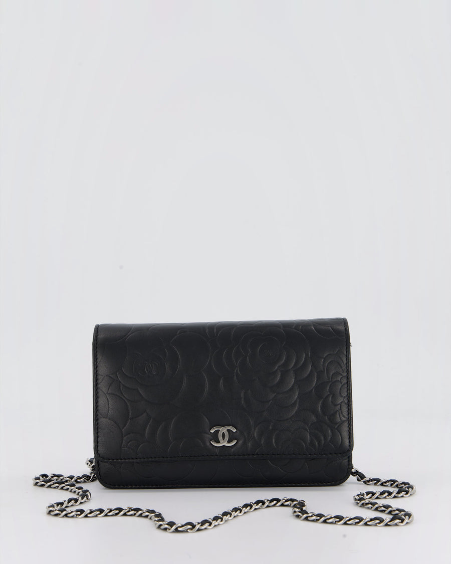 Chanel Camellia Black Wallet on Chain Bag in Lambskin Embossed Floral Leather with Silver Hardware