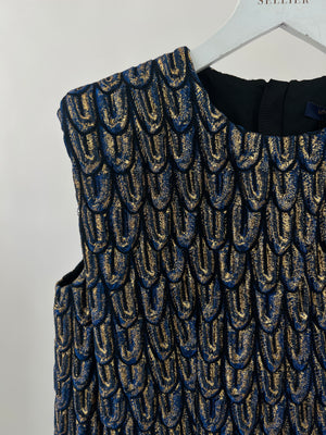 *CRUISE 2023 COLLECTION* Louis Vuitton Blue and Gold Peacock Pattern Dress Size FR 36 (UK 8) £5200