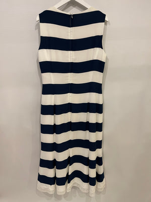 Dolce & Gabbana Navy and White Striped Midi Dress with Sequin Details and Lace Trim Size IT 44 (UK 12)