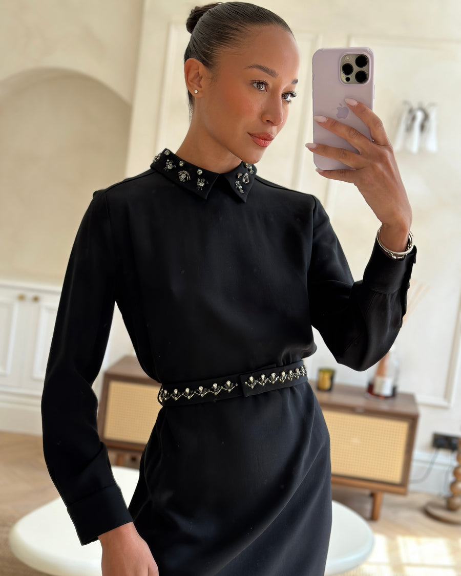 Prada Black Long Sleeve Midi Dress with Crystal Embellishment Details on Collar and Belt Size IT 42 (UK 10)