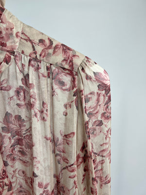 Zimmermann Pink Rose Silk Ruched Collar Shirt with Tie Detail IT 44 (UK 12)
