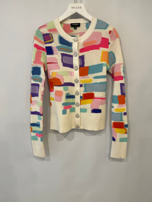 Chanel Spring 2019 White and Multi-Colour Ribbed Cardigan with Silver and White CC Logo Buttons Size FR 38 (UK 10)