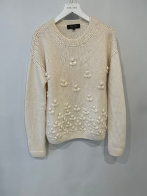 Loro Piana Cream Cashmere Knit Jumper with Knitted Flower and Crystal Details Size IT 42 (UK 10)