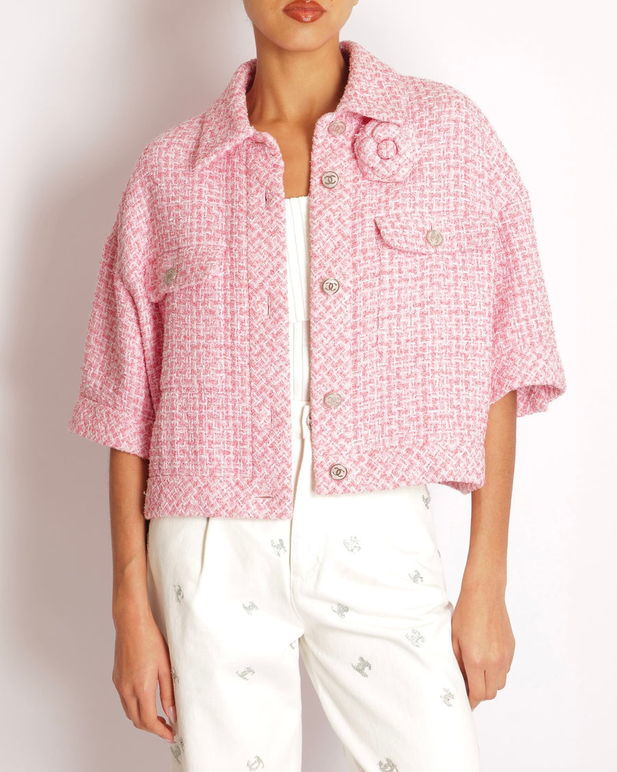 Chanel Pink Tweed Cropped Jacket with Pink Mother of Pearl and Silver CC Logo Buttons and Camellia Brooch Size FR 46 (UK 18)