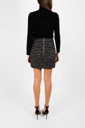 Balmain Black and White Shimmery Tweed Mini Skirt with Front Pockets and Gold Logo Buttons Size FR 38 (UK 10)