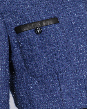 Chanel Cruise 2019 Blue Tweed Cropped Jacket and Trousers Set with CC Logo Buttons and Black Leather Trims Size FR 36/38 (UK 8/10)
