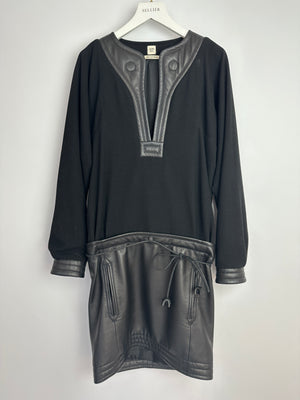 Hermes Black Wool & Lambskin Long Sleeve Dress with Woven Belt Detail Size FR 34 (UK 6)
