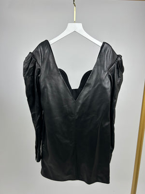 *FIRE PRICE* Saint Laurent Black Leather Sweetheart Plunge Neckline Longsleeved Mini Dress Size FR 38 (UK 10)