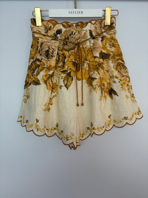 Zimmermann Cream, Brown and Yellow Antique Floral High-Waisted Linen Shorts Size 0 (UK 8)