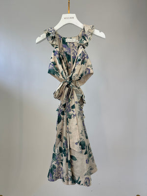 Zimmermann Ivory Floral Halter Neck Cut-Out Midi Dress Size 0 (UK 8)