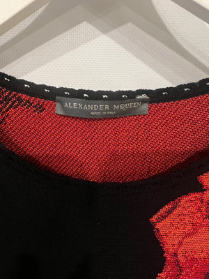 Alexander McQueen Black Short-Sleeve Dress with Red Floral Prints Size IT 40 (UK 8)