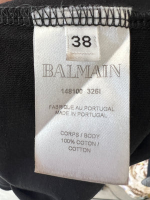 Balmain Black Cotton T-shirt with Gold Logo & Buttons Detail Size FR 38 (UK 10)