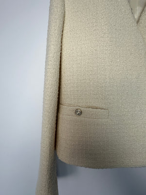 Gucci Current Season Cream Wool Boucle-Tweed Mini Skirt and Blazer Jacket Set With Silver Logo Detail Size IT 38 (UK 6) RRP 3120£
