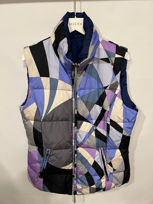 Emilio Pucci Purple and Multi-Colour Reversible Sleeveless Puffer Jacket with Abstract Pattern Size IT 44 (UK 12)