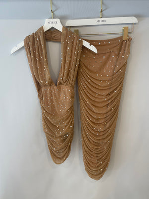 Norma Kamali Beige Top and Skirt Set with Crystal Embellishments Size S (UK 8)