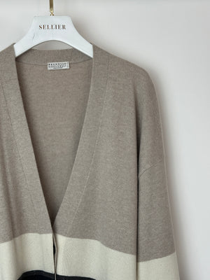Brunello Cucinelli Taupe, White, and Grey Colour Block Cashmere Cardigan with Monili Trim Detail Size XL (UK 14)