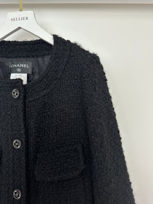 Chanel Black Tweed 3/4 Sleeve Dress with Covered Pockets and Black and Gunmetal CC Logo Button Details FR 36 (UK 8)