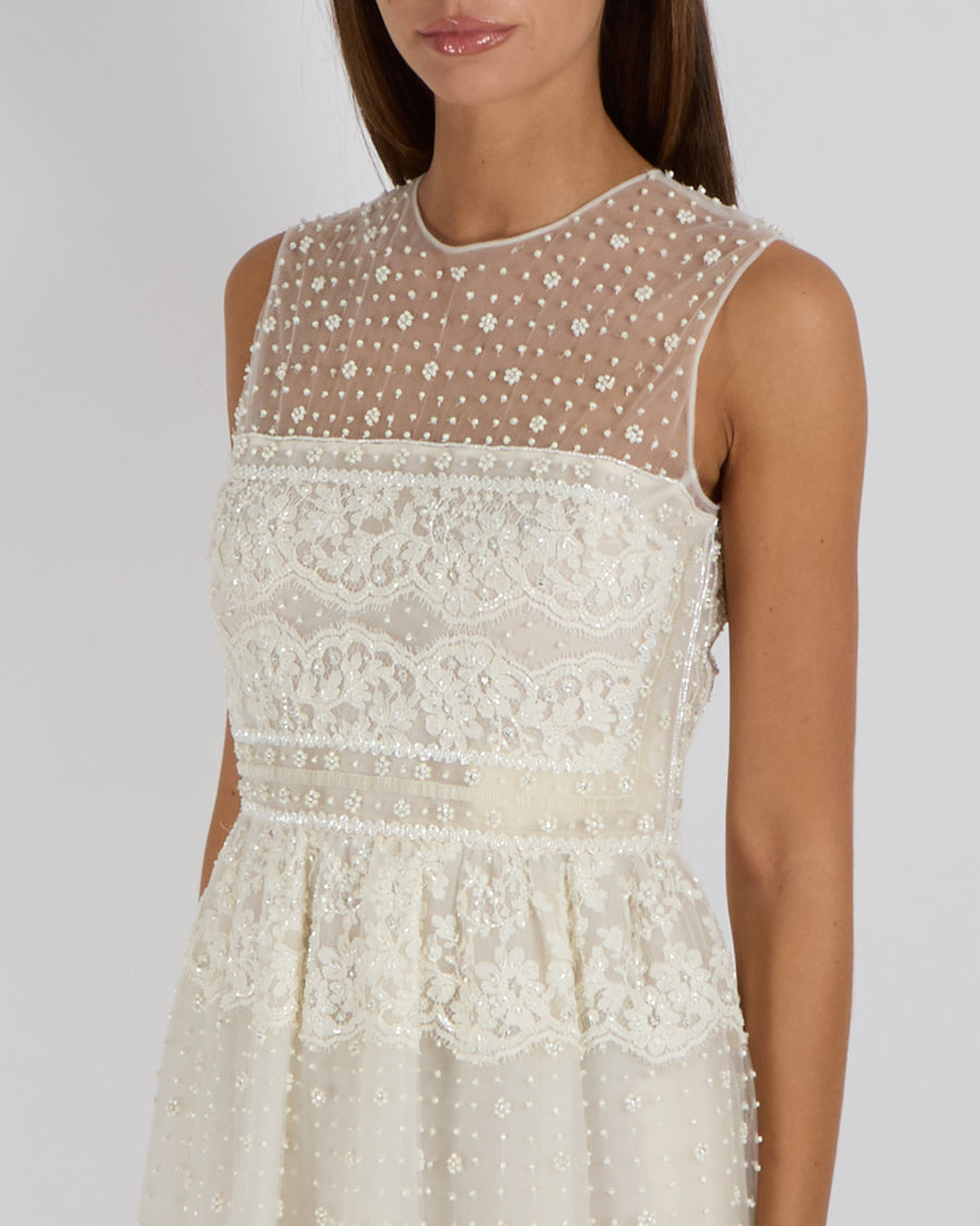 Valentino Spring 2012 Couture White Tulle Sleeveless Mini Dress with White Bead Embellishments and Lace Details Size IT 42 (UK 10)