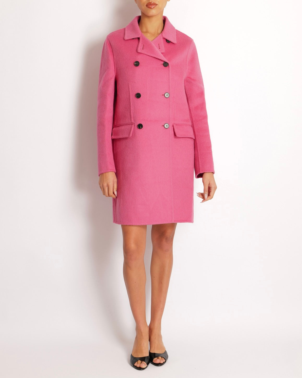 Christian Dior ピンク ロングコート MD00N6180 Christian Dior Pink Wool Double-Breasted Coat with Black Buttons