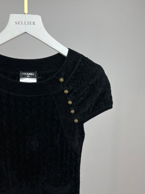 Chanel 10A Black Velour Cap Sleeve Mini Dress with Pockets and Logo Buttons Size FR 36 (UK 8) RRP £1,215