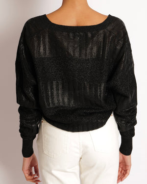 Saint Laurent Black Shimmery Panelled V Neck Jumper Size S (UK 8)