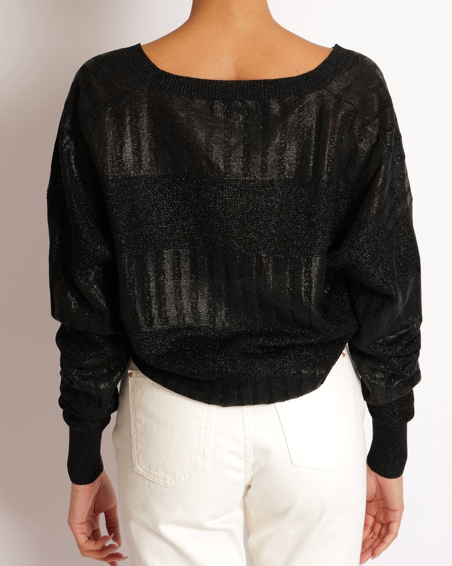 Saint Laurent Black Shimmery Panelled V Neck Jumper Size S (UK 8)